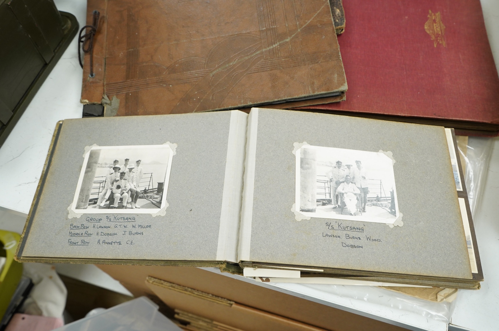 Four early 20th century photograph albums of military, naval and aviation interest, including; naval officers, sailors, ships and harbours, personal photographs, HMS Colossus, Cape Town in January 1946, RAF aircraft incl